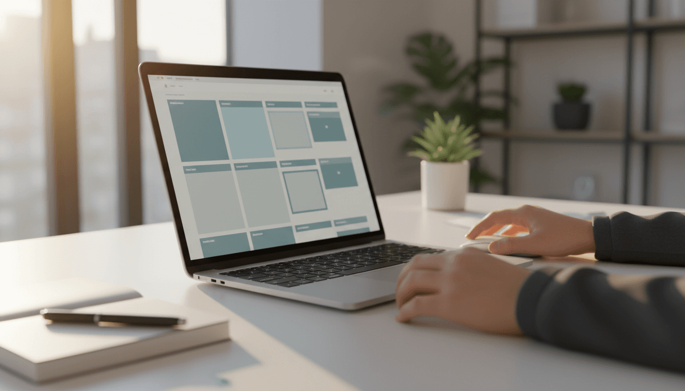 Designer working on responsive website layout on laptop at a clean modern desk