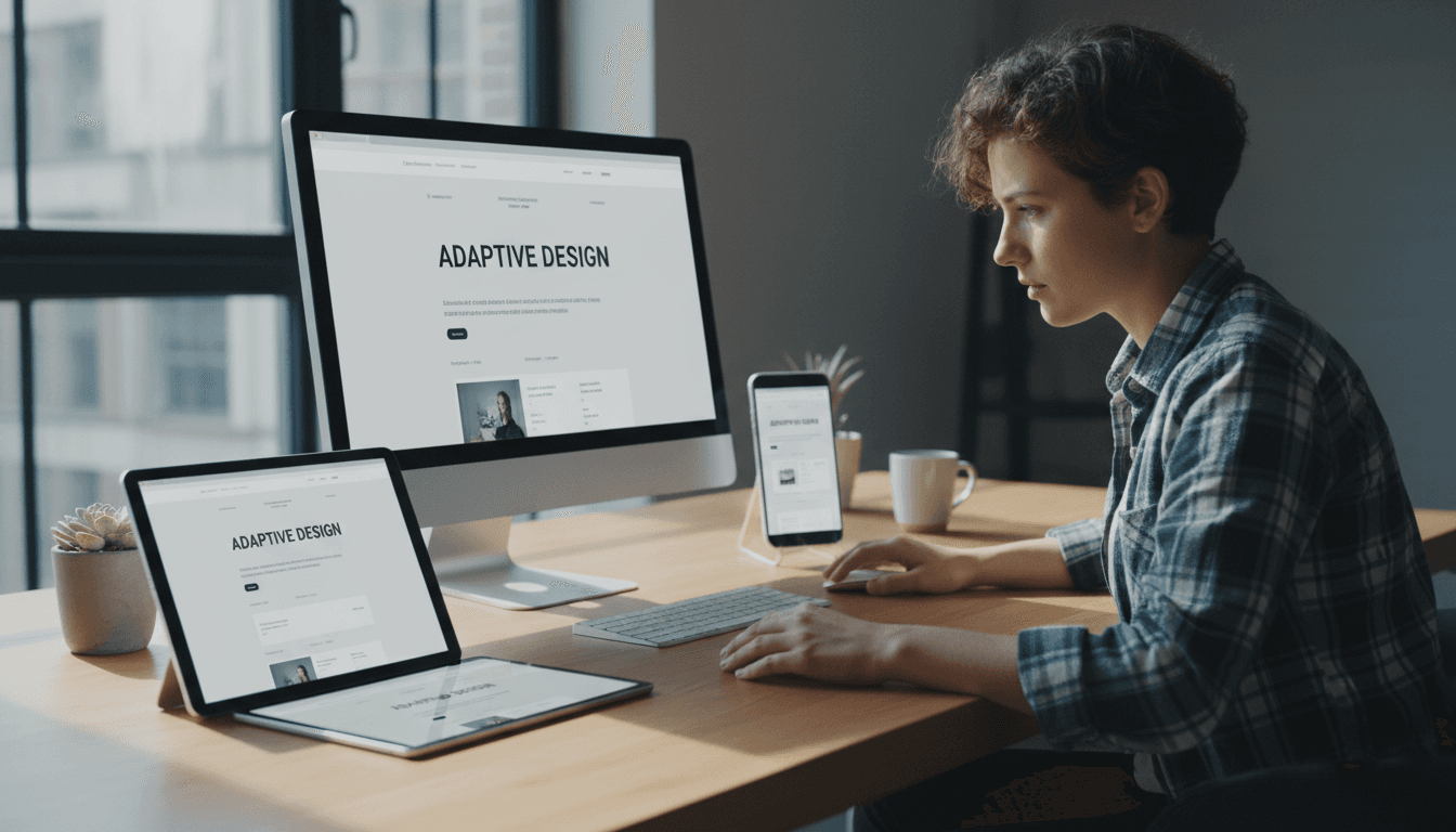 Web designer reviewing responsive website designs on desktop, tablet, and mobile devices