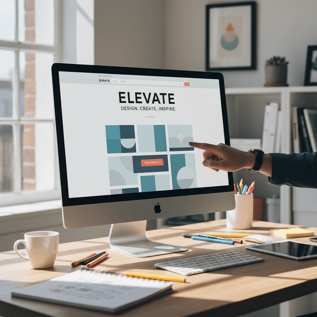 Custom website design workspace with designer reviewing layout