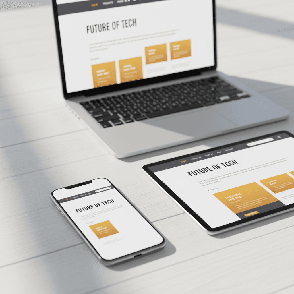 Responsive website displayed across smartphone, tablet, and laptop