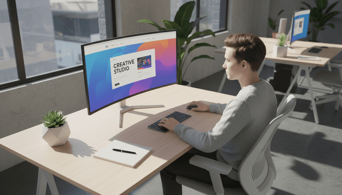 Web designer working on a responsive website design at a modern desk