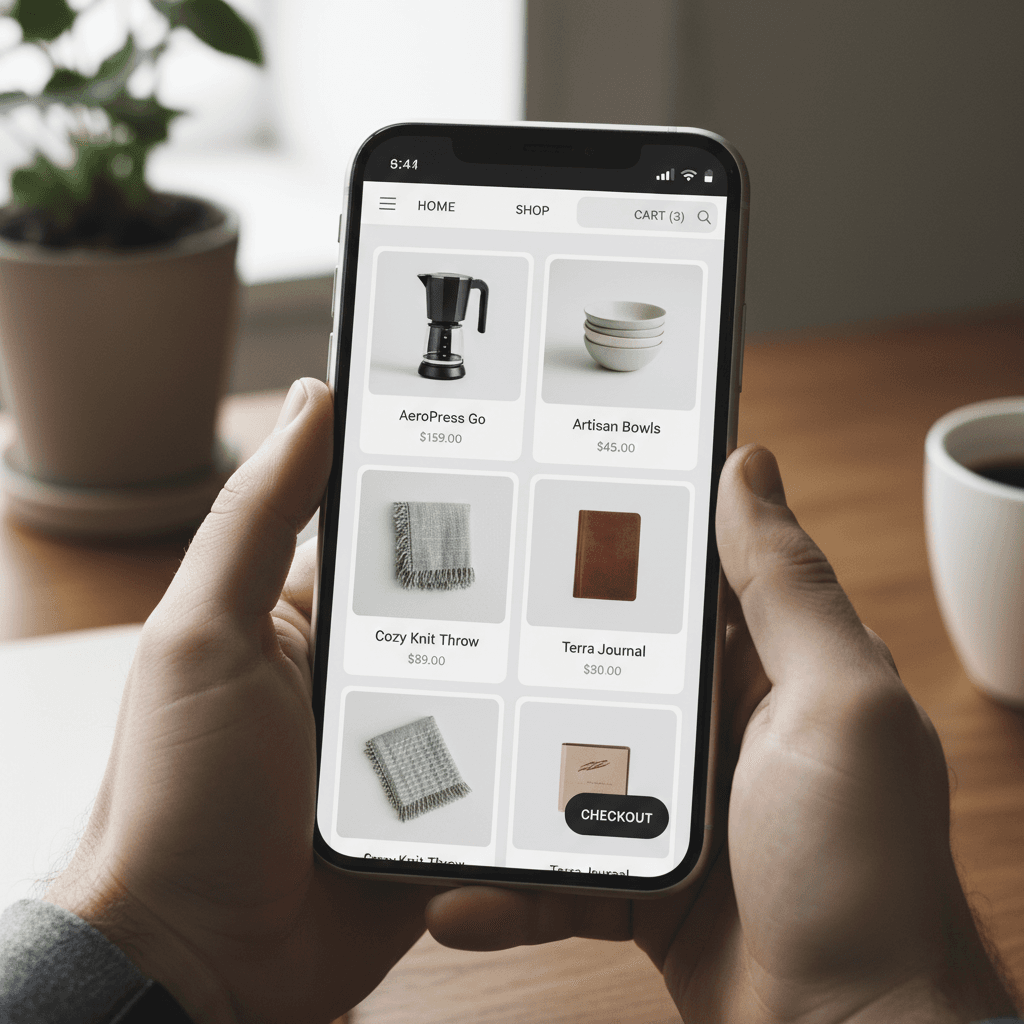 Responsive e-commerce website on mobile phone screen